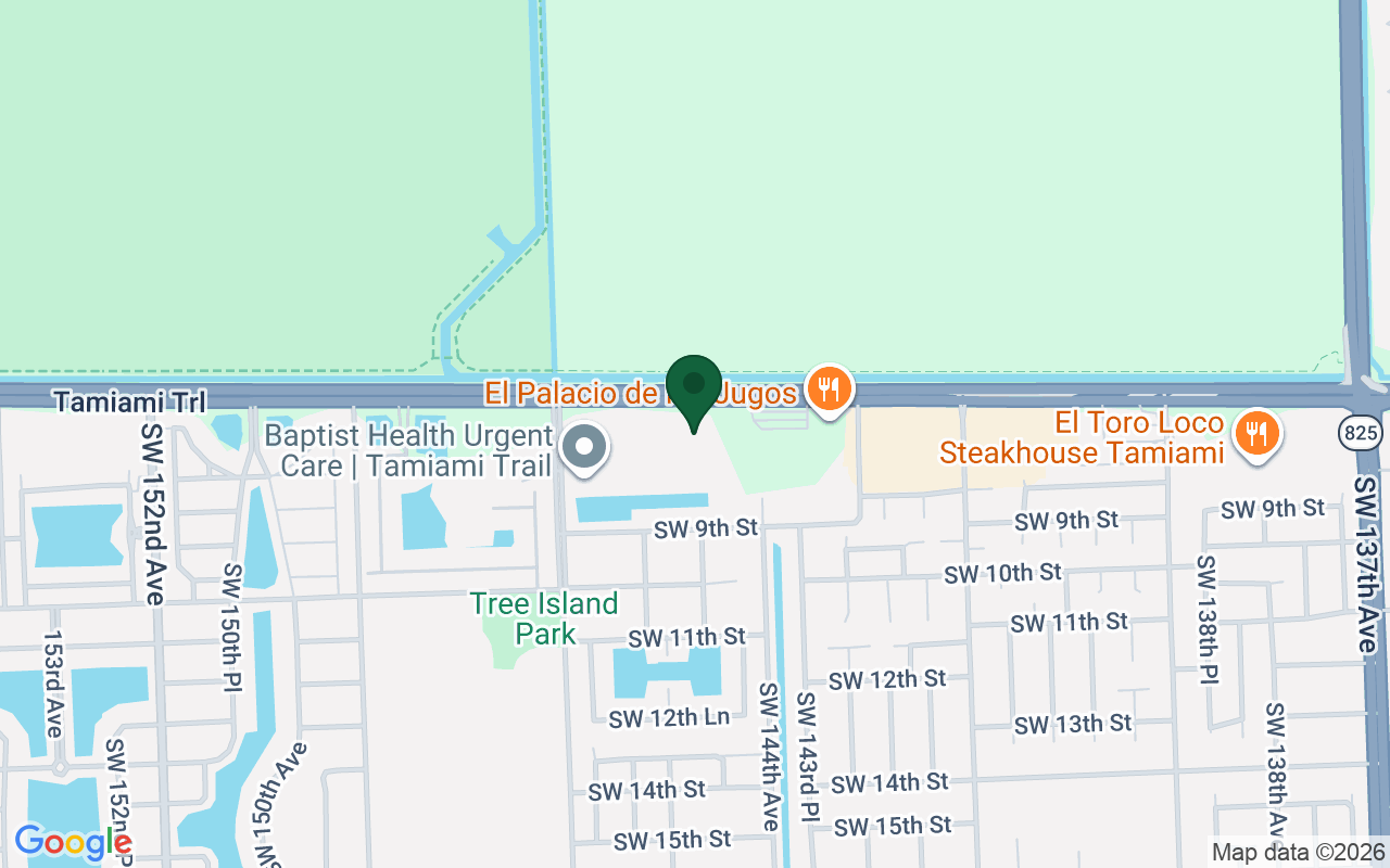 Map showing Ferreira Animal Hospital at 14504 SW 8th St, Miami, on the Tamiami Trail